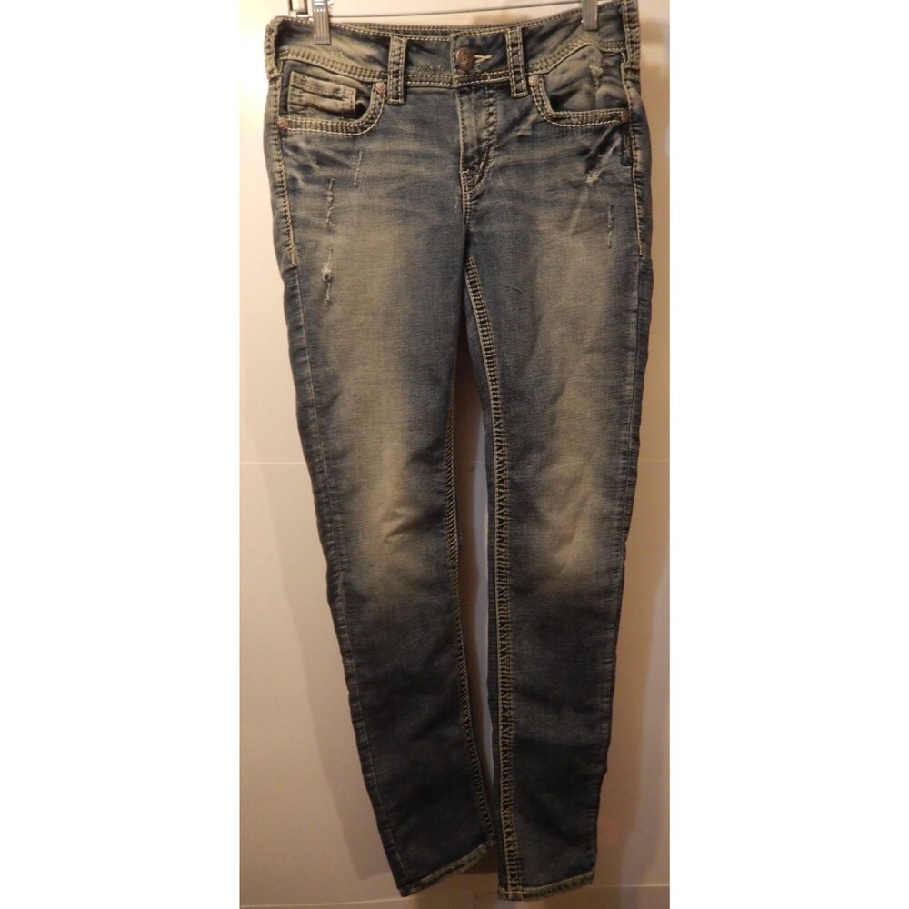 Silver Jeans Suki Mid Skinny Womens W29 L31 Distressed Light Wash Thick Stitch